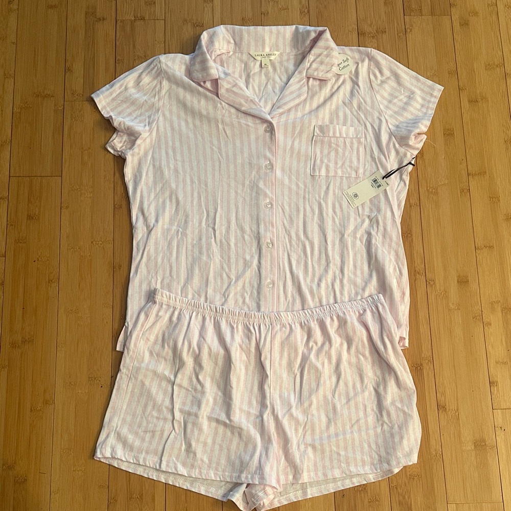 Laura Ashley Pink and White Striped Pajama Top & Shorts